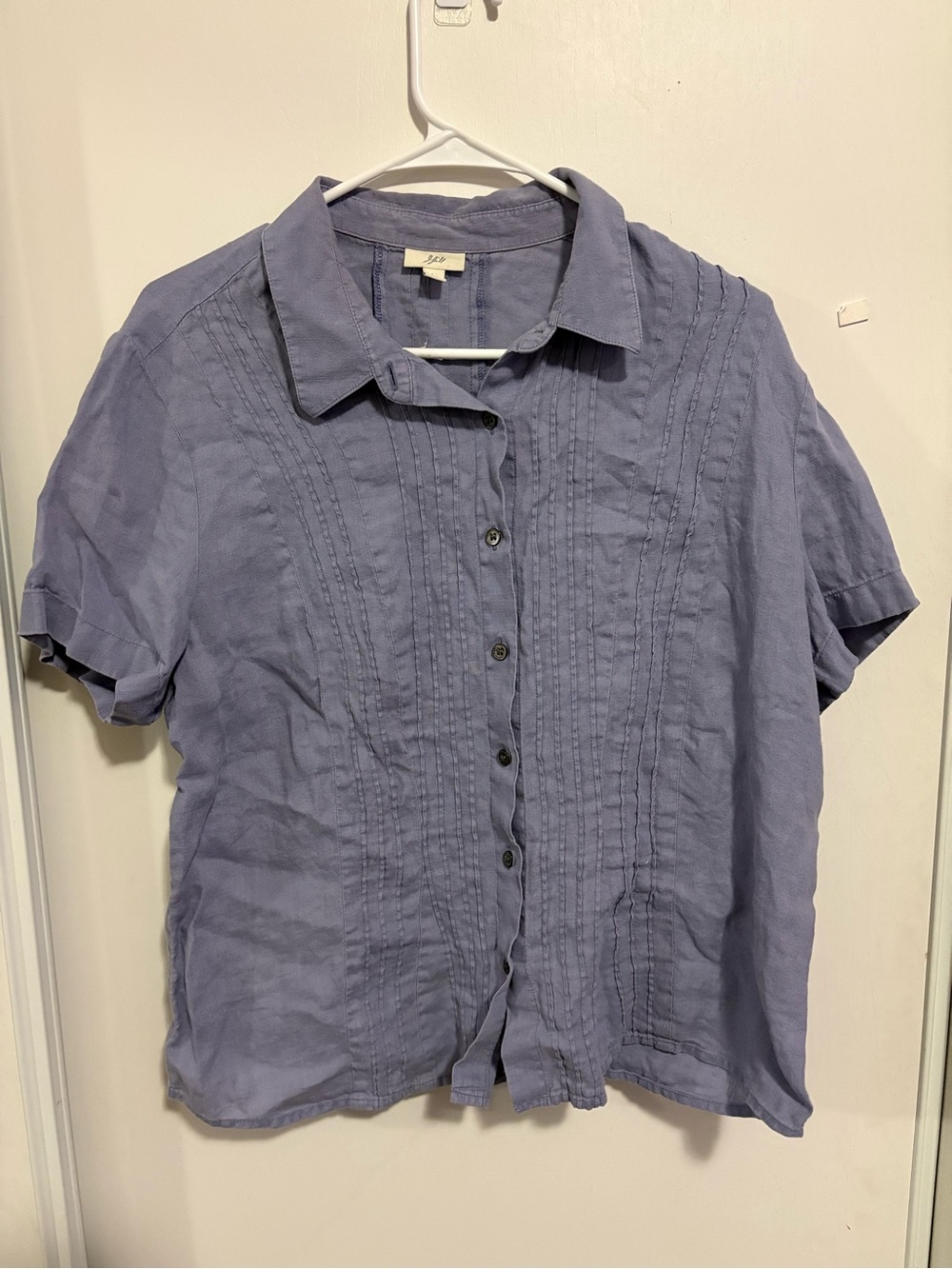 J Jill Large Blue Linen Button Up Short Sleeve Shirt Pleated